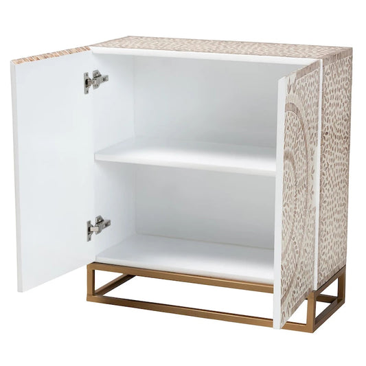 Armoire de rangement Ercilia style bohème moderne, blanche et marron rustique, en nacre