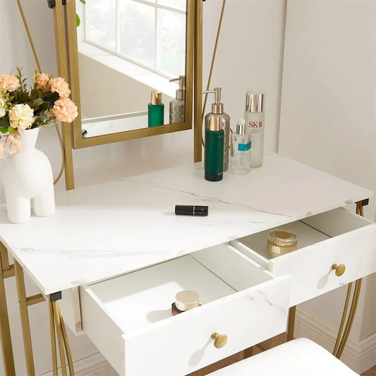 Ensemble coiffeuse vintage pour chambre à coucher avec tabouret et miroir