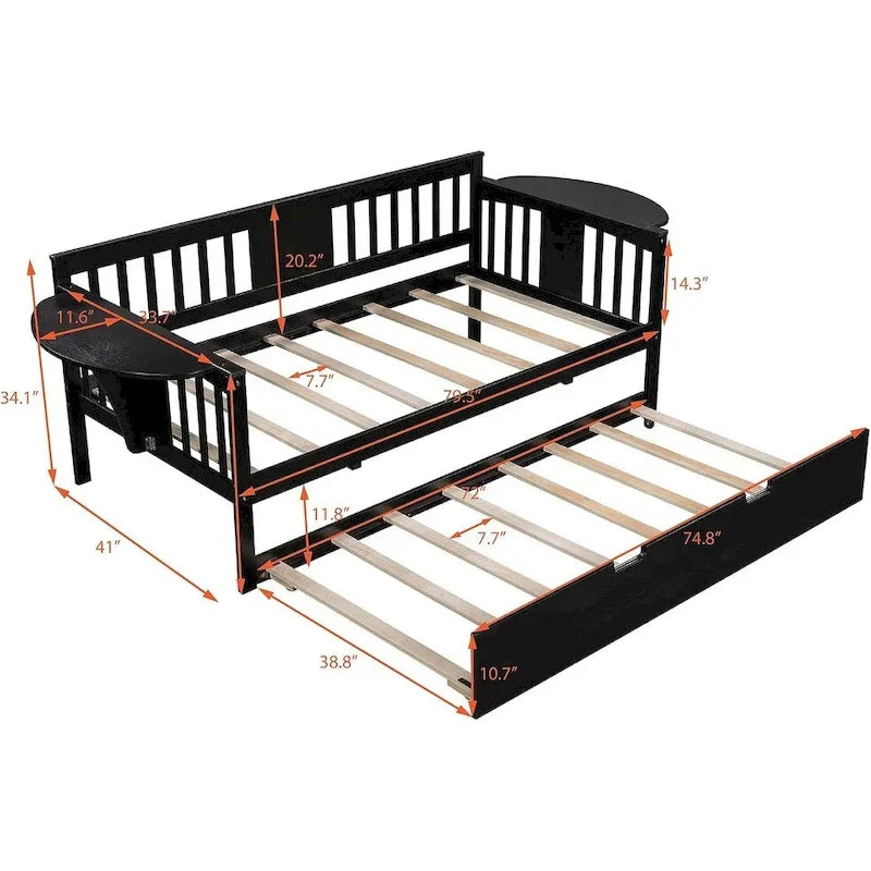 Lit de jour double en bois avec lit gigogne, canapé-lit pour chambre ou salon