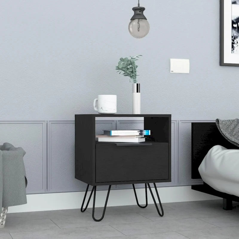 Table de chevet 56 cm de hauteur, une étagère ouverte, meuble à une porte, pieds en épingle à cheveux, noire