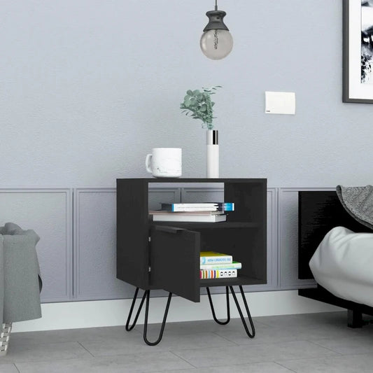 Table de chevet 56 cm de hauteur, une étagère ouverte, meuble à une porte, pieds en épingle à cheveux, noire