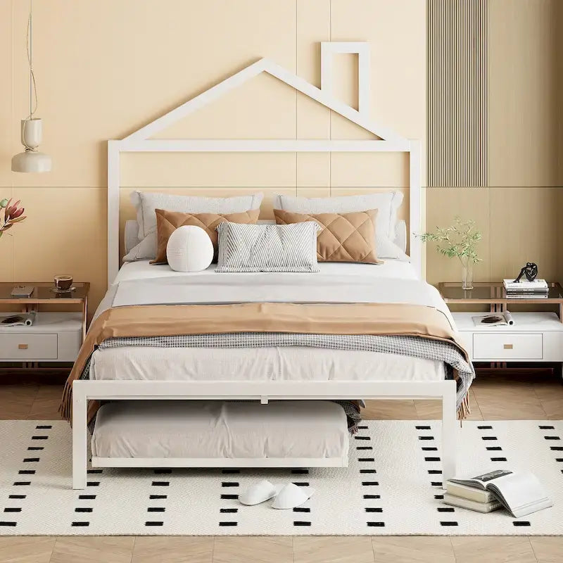 Lit plateforme en métal pleine grandeur avec lit gigogne simple