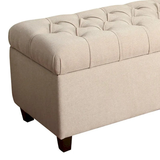 Banc en bois capitonné et recouvert de tissu avec rangement à charnières, crème et marron