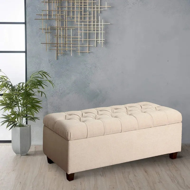 Banc en bois capitonné et recouvert de tissu avec rangement à charnières, crème et marron
