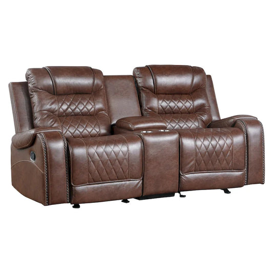 Fauteuil inclinable manuel Paul 78 pouces, deux places, avec porte-gobelets et console, revêtement en similicuir marron