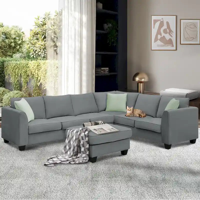 Ensemble canapé d'angle 112*87, canapé 7 places avec pouf, canapé d'angle en forme de L et 3 coussins