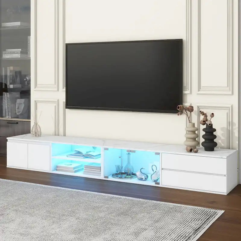 Meuble TV LED pour téléviseurs jusqu'à 105 pouces, console multimédia avec portes en verre trempé, centre de divertissement avec 2 tiroirs et placards