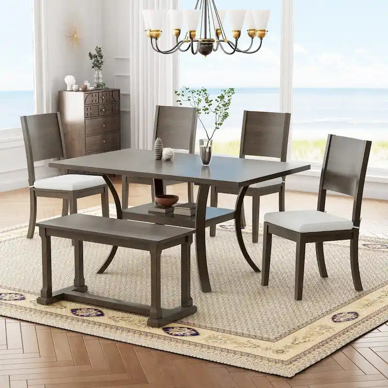 Ensemble de salle à manger 6 pièces avec étagère de rangement et pieds incurvés, ensemble de table de cuisine avec banc et 4 chaises de salle à manger avec coussins amovibles