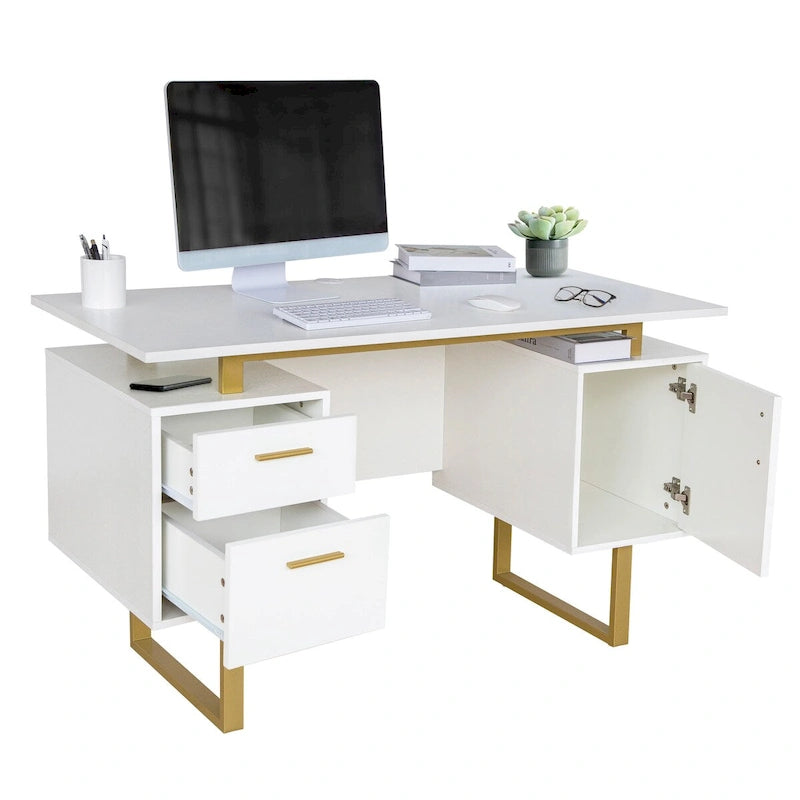 Bureau d'ordinateur gris moderne et élégant de luxe avec rangement