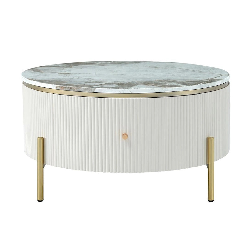 Table basse ronde moderne avec 2 grands tiroirs de rangement et plateau à motif marbre