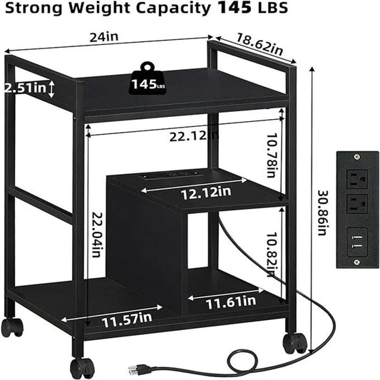 Support d'imprimante avec station de charge et ports USB, grand modèle à 3 niveaux - 61 cm (P) x 47,3 cm (L) x 78,8 cm (H)