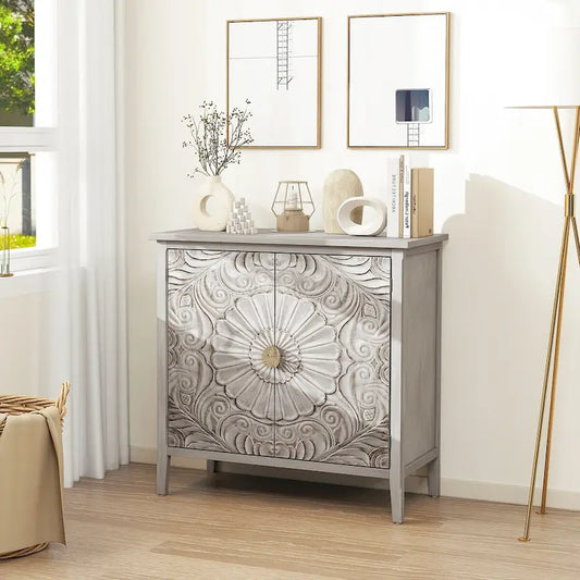 Meuble à 2 portes, style américain, idéal pour la chambre, le salon ou le bureau, gris et blanc.