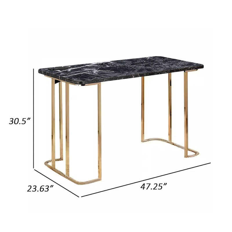 Bureau Jenny 119 cm, prise USB, pieds en métal doré, revêtement en faux marbre noir
