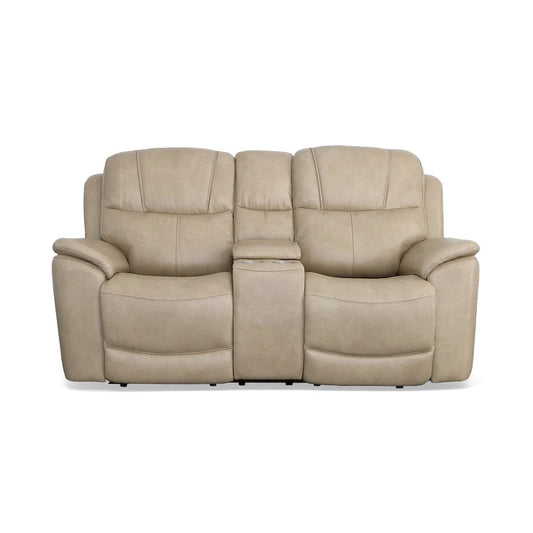 Canapé deux places inclinable électrique zéro gravité en cuir Crew avec console, appuie-têtes et soutien lombaire électriques par Flexsteel