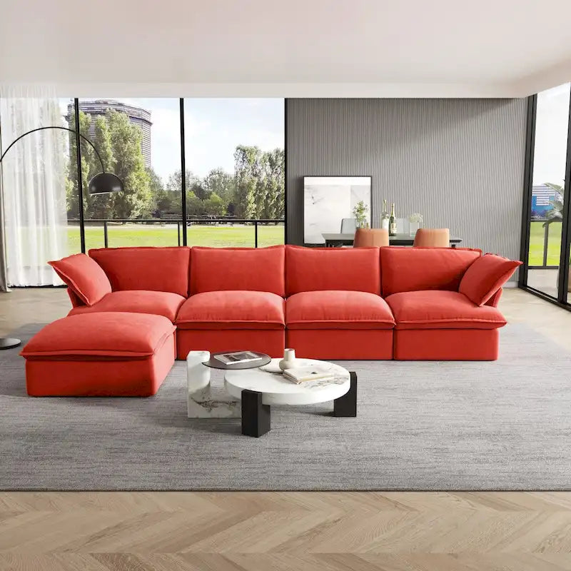 Canapé d'angle Cloud, canapé modulaire 5 places en plumes et duvet, canapé convertible en velours en forme de L avec assise large et profonde.