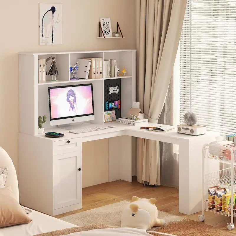 Bureau en L avec prise électrique, bureau d'ordinateur avec tiroirs, bibliothèque et étagère, bureau d'angle moderne, bureau pour bureau à domicile