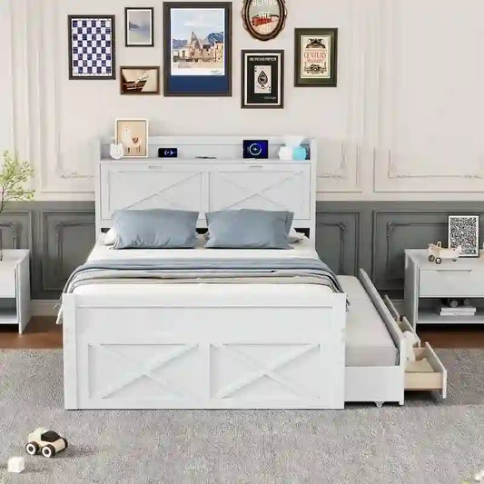 Lit en bois avec rangement, lit gigogne simple et trois tiroirs de rangement
