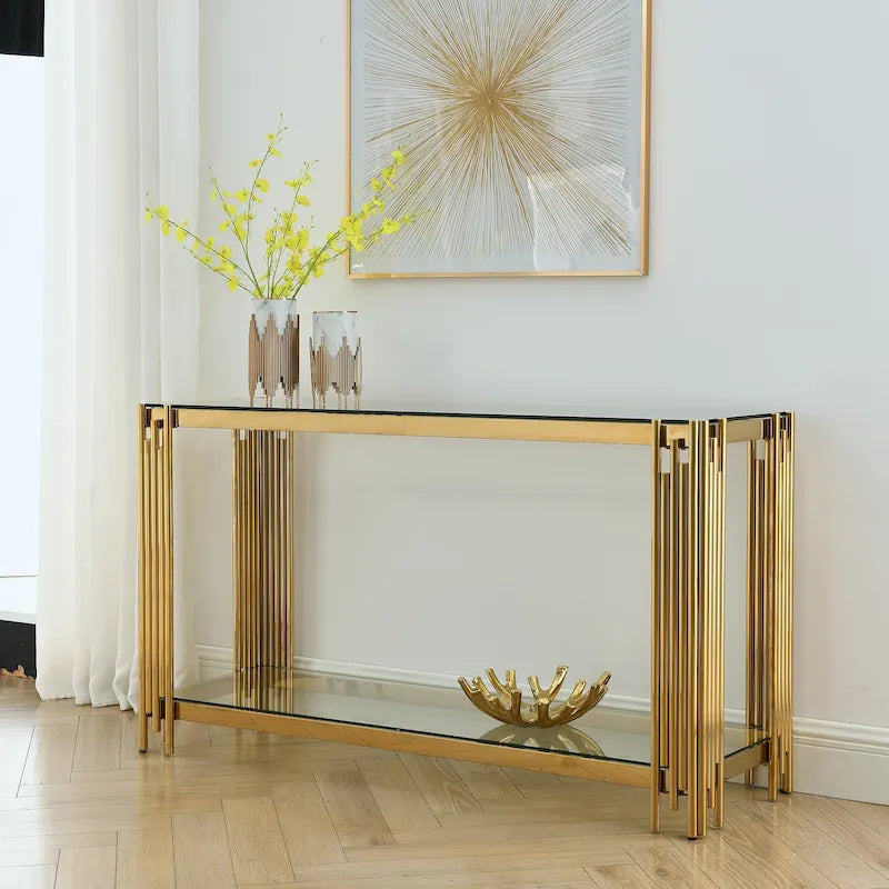 Console étroite à deux niveaux avec structure en métal finition dorée et plateau en verre trempé