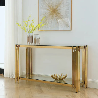 Console étroite à deux niveaux avec structure en métal finition dorée et plateau en verre trempé