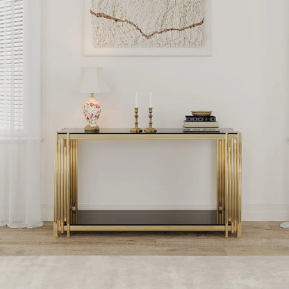 Console étroite à deux niveaux avec structure en métal finition dorée et plateau en verre trempé