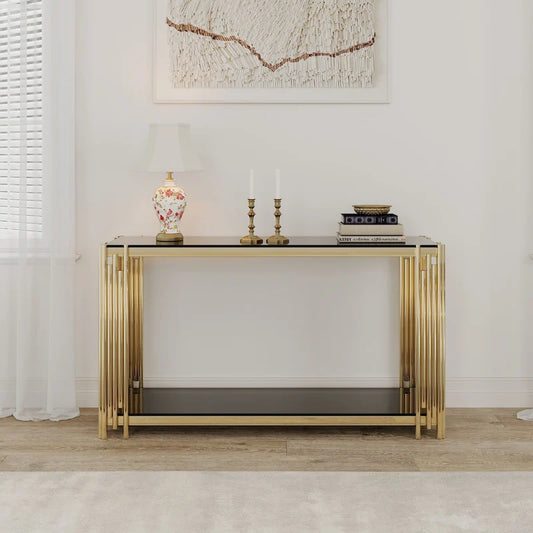 Console étroite à deux niveaux avec structure en métal finition dorée et plateau en verre trempé