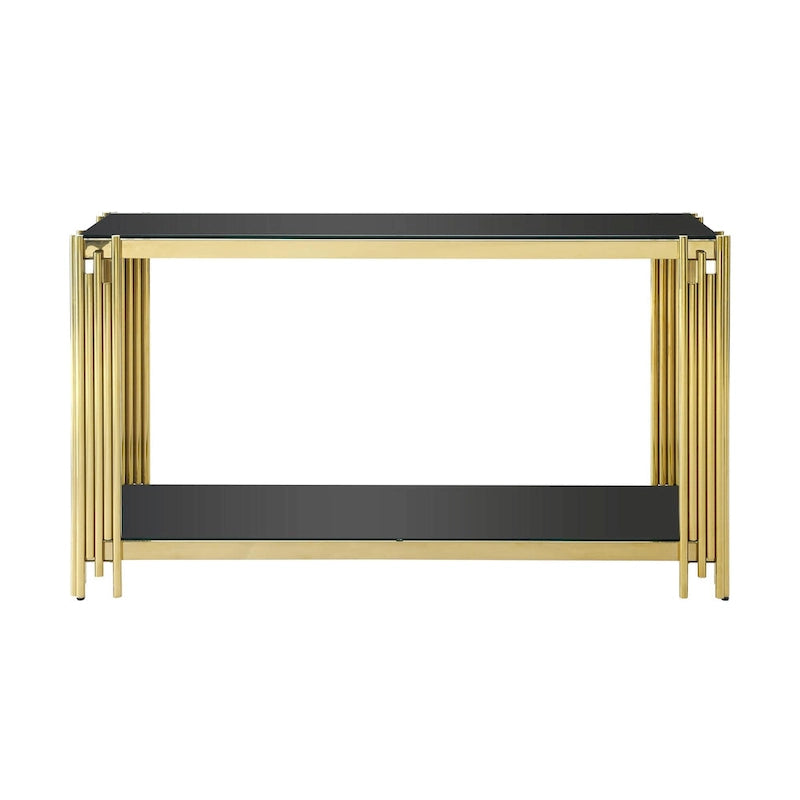 Console étroite à deux niveaux avec structure en métal finition dorée et plateau en verre trempé