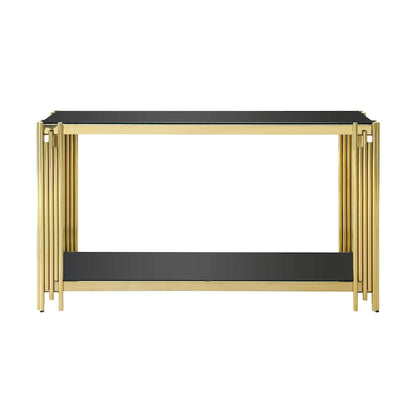 Console étroite à deux niveaux avec structure en métal finition dorée et plateau en verre trempé