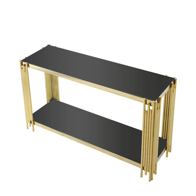 Console étroite à deux niveaux avec structure en métal finition dorée et plateau en verre trempé