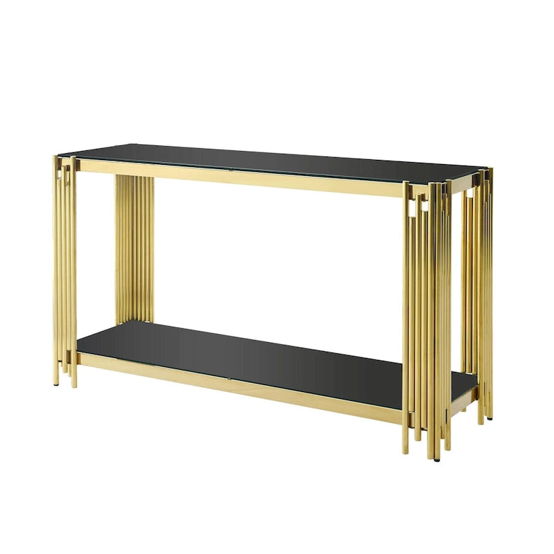 Console étroite à deux niveaux avec structure en métal finition dorée et plateau en verre trempé
