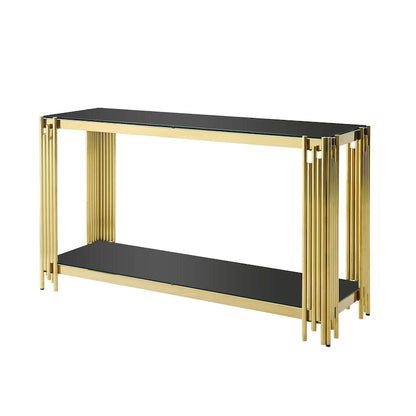 Console étroite à deux niveaux avec structure en métal finition dorée et plateau en verre trempé