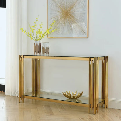 Console étroite à deux niveaux avec structure en métal finition dorée et plateau en verre trempé