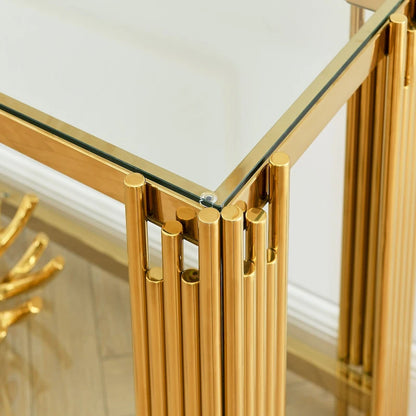 Console étroite à deux niveaux avec structure en métal finition dorée et plateau en verre trempé