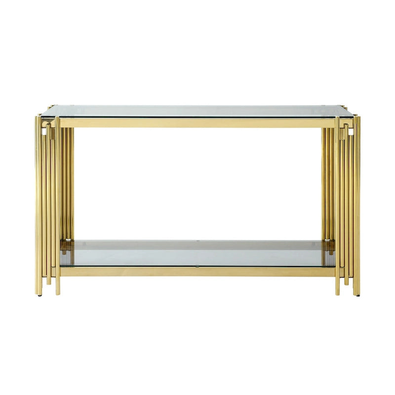 Console étroite à deux niveaux avec structure en métal finition dorée et plateau en verre trempé