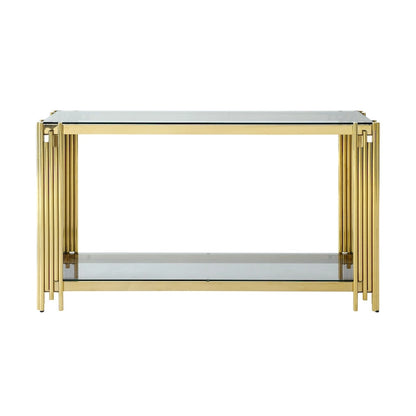 Console étroite à deux niveaux avec structure en métal finition dorée et plateau en verre trempé
