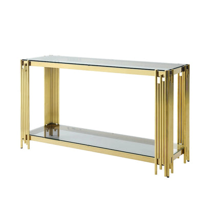 Console étroite à deux niveaux avec structure en métal finition dorée et plateau en verre trempé