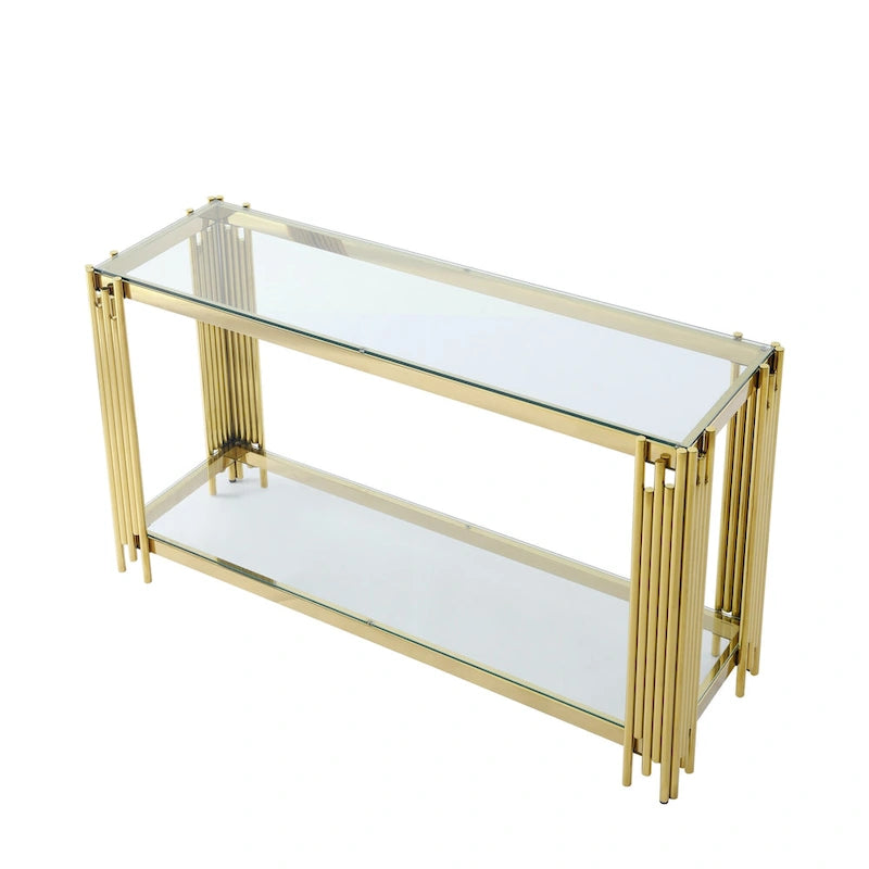 Console étroite à deux niveaux avec structure en métal finition dorée et plateau en verre trempé