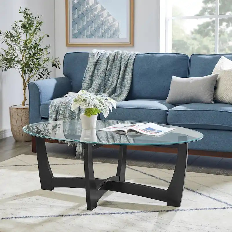 Table basse ovale en verre de 122 cm (48 pouces), table basse ronde noire avec plateau en verre
