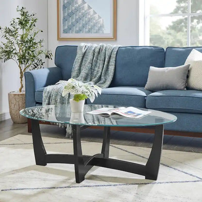 Table basse ovale en verre de 122 cm (48 pouces), table basse ronde noire avec plateau en verre