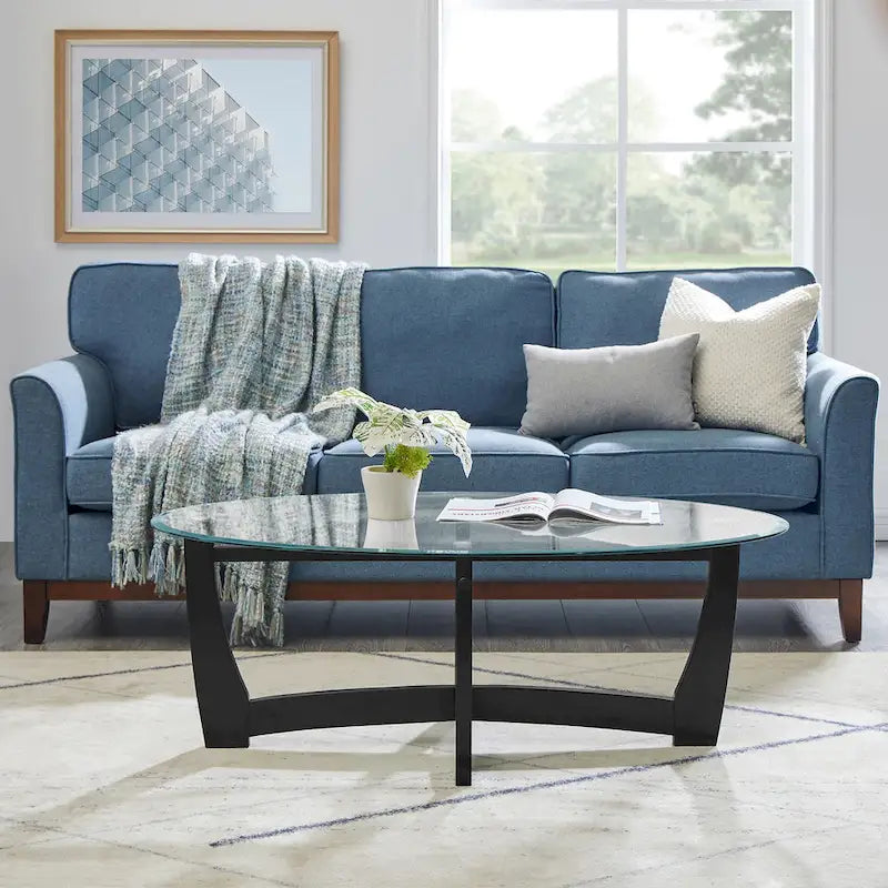 Table basse ovale en verre de 122 cm (48 pouces), table basse ronde noire avec plateau en verre