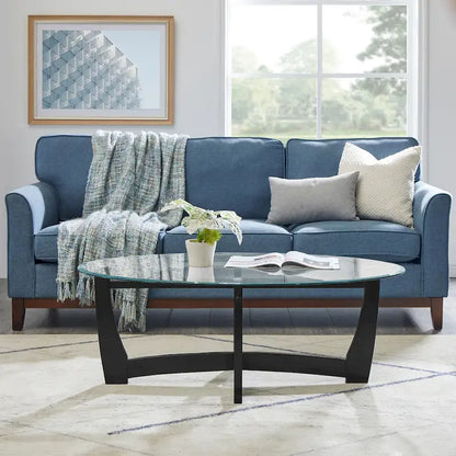 Table basse ovale en verre de 122 cm (48 pouces), table basse ronde noire avec plateau en verre