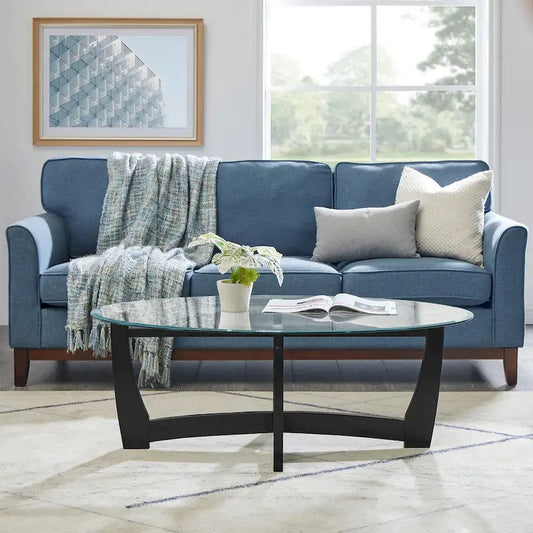 Table basse ovale en verre de 122 cm (48 pouces), table basse ronde noire avec plateau en verre