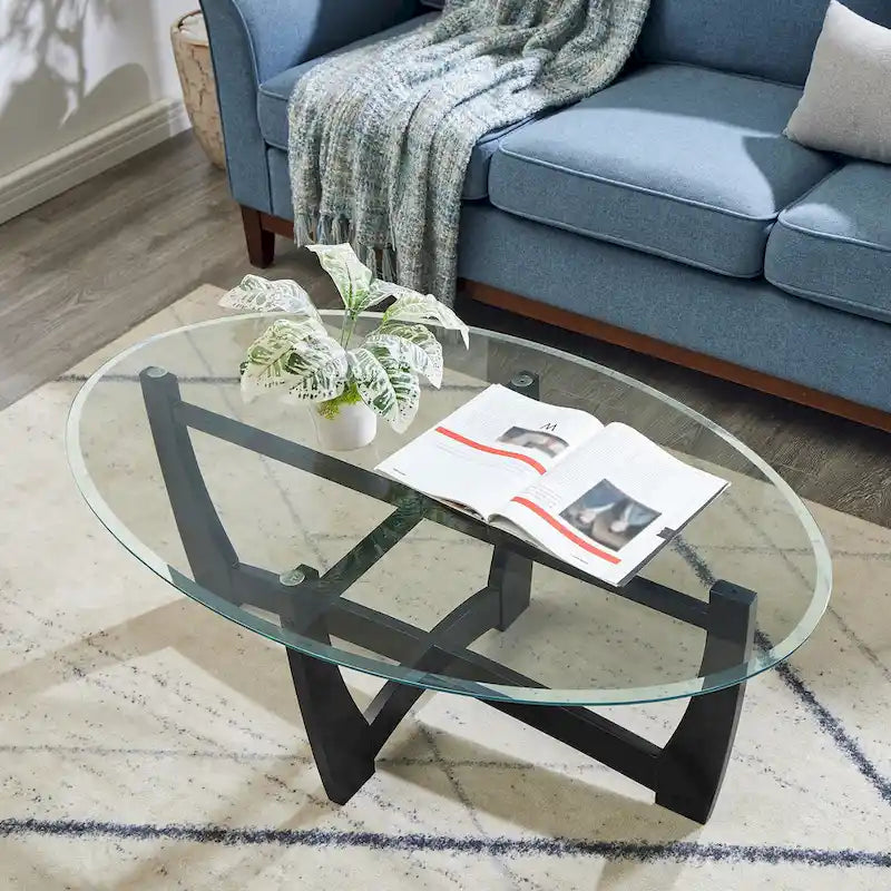Table basse ovale en verre de 122 cm (48 pouces), table basse ronde noire avec plateau en verre