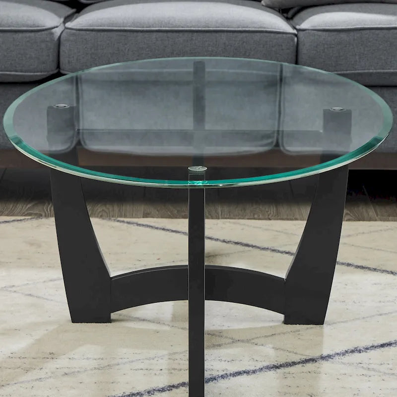 Table basse ovale en verre de 122 cm (48 pouces), table basse ronde noire avec plateau en verre
