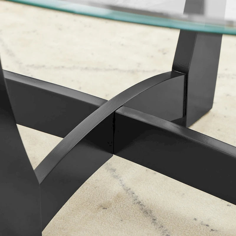 Table basse ovale en verre de 122 cm (48 pouces), table basse ronde noire avec plateau en verre