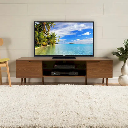 Meuble TV en noyer de 59,2 pouces avec 2 placards et une étagère en verre trempé pour téléviseurs de 40 pouces