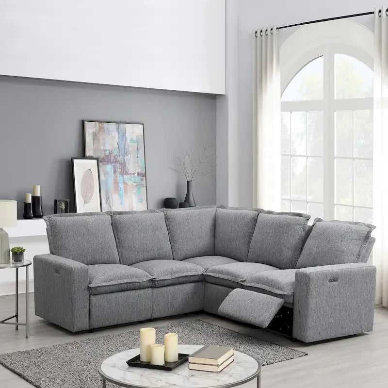 Canapé d'angle en lin en forme de L avec fauteuils inclinables électriques et port USB