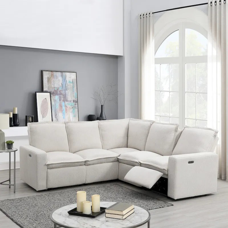 Canapé d'angle en lin en forme de L avec fauteuils inclinables électriques et port USB
