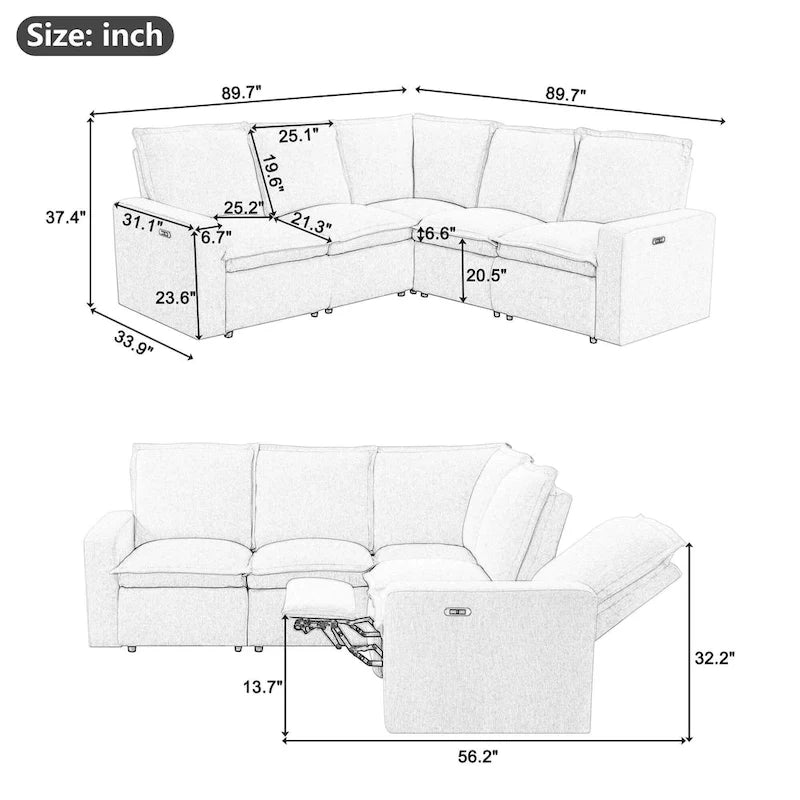 Canapé d'angle en lin en forme de L avec fauteuils inclinables électriques et port USB
