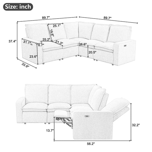 Canapé d'angle en lin en forme de L avec fauteuils inclinables électriques et port USB