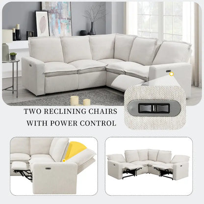 Canapé d'angle en lin en forme de L avec fauteuils inclinables électriques et port USB